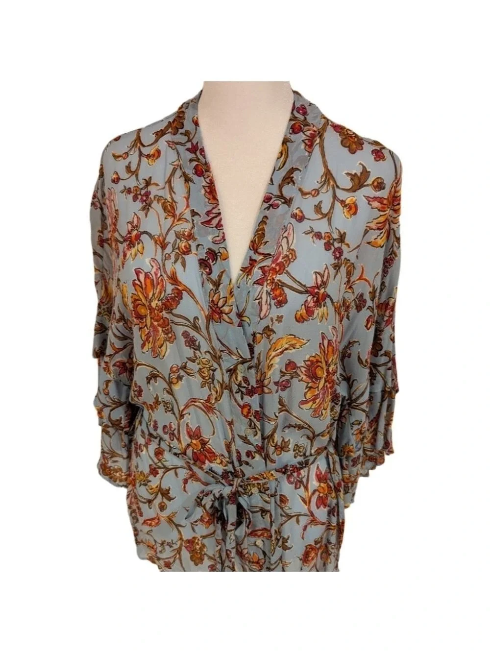 Zara Floral Blouse Kimono Sleeves Light Blue Medium - Picture 1 of 7